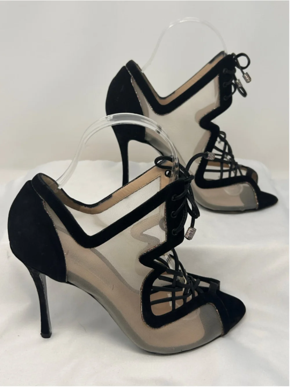 Nicholas Kirkwood Ava Black Suede & Mesh Lace-Up Sandals Heels 37
